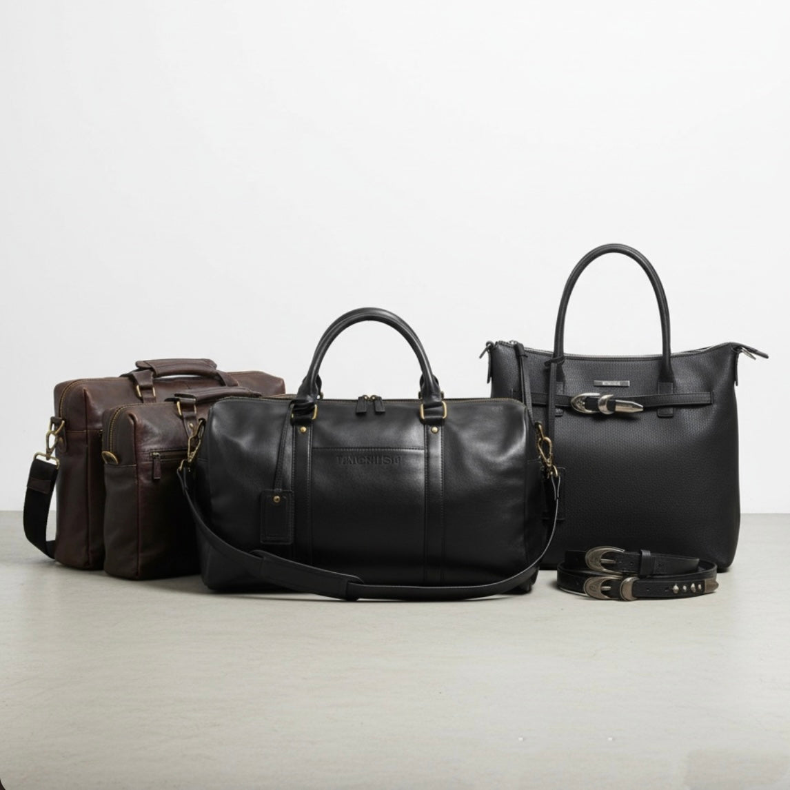 TAICHIISM accessories collection showcasing retro tote bags, vintage crossbody bags, streetwear belts, and leather belts for men in leather, canvas, and nylon materials for urban style.