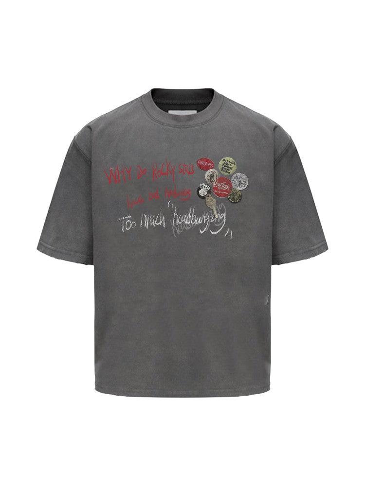 "Slogan Bottle Cap" Distressed Short-Sleeve Tee