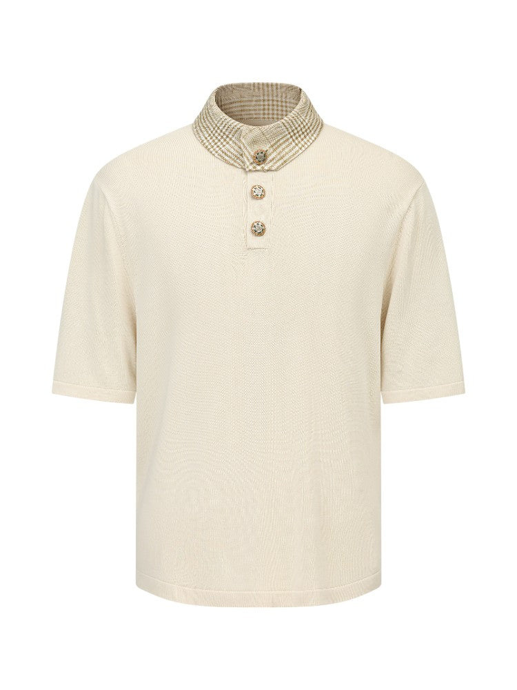 Houndstooth Knit Short-Sleeve Polo Shirt