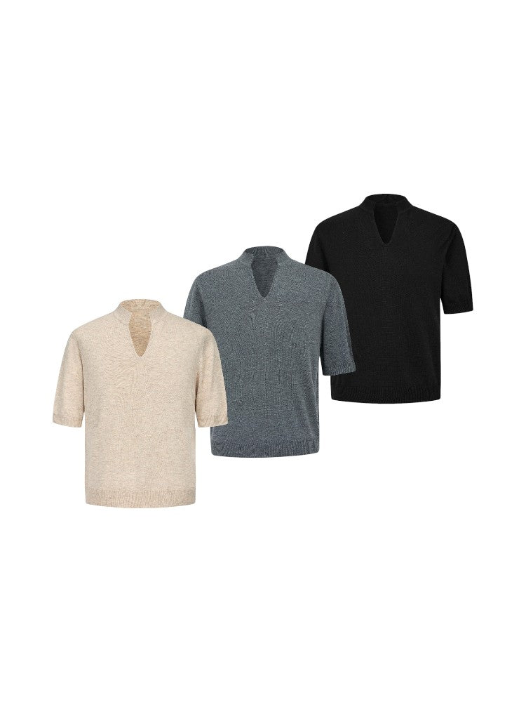 Wool V-Neck Polo Short-Sleeve Sweater T-Shirt
