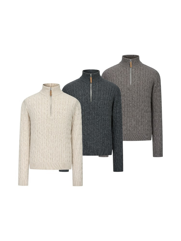 Cable Knit Half-Zip Wool Sweater