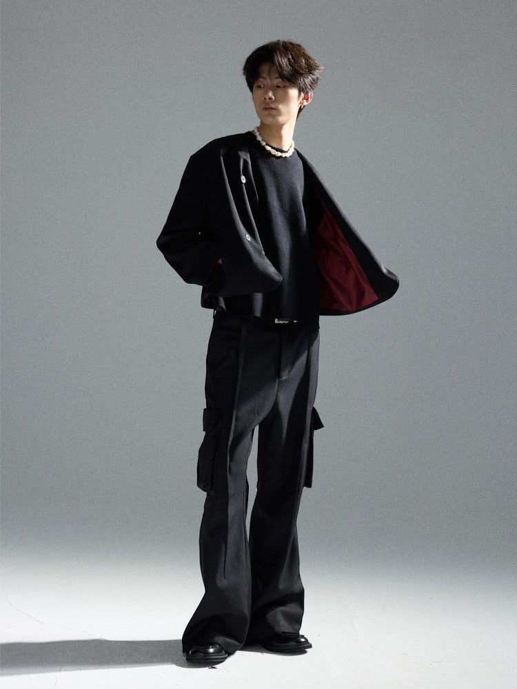 Crimson Chessboard Collarless Wool Suit Jacket