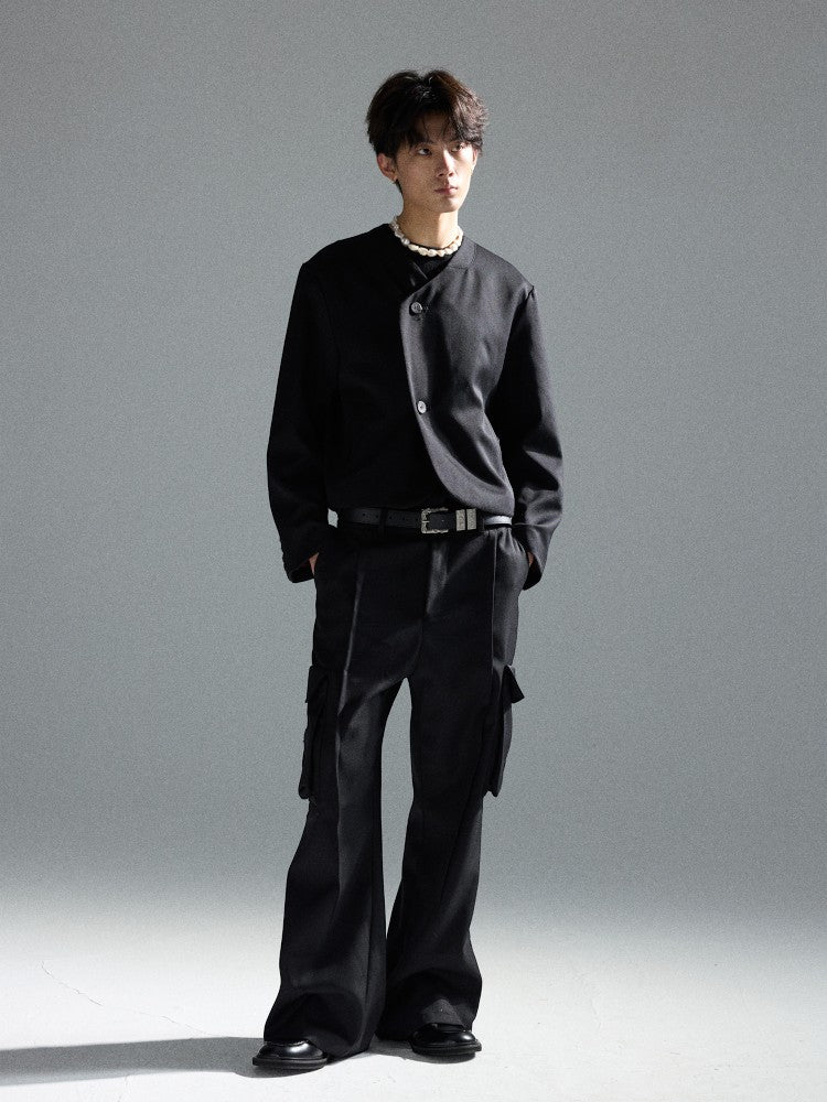 Crimson Chessboard Collarless Wool Suit Jacket