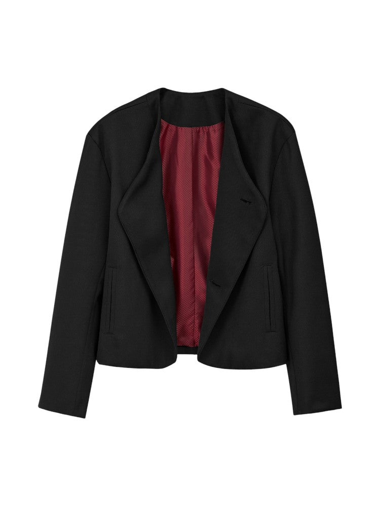 Crimson Chessboard Collarless Wool Suit Jacket