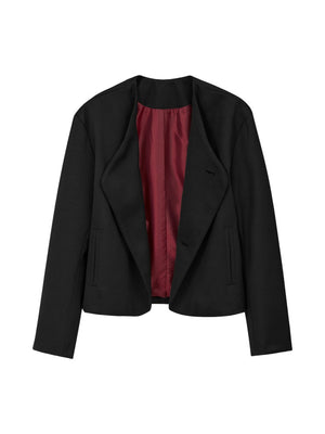 Crimson Chessboard Collarless Wool Suit Jacket