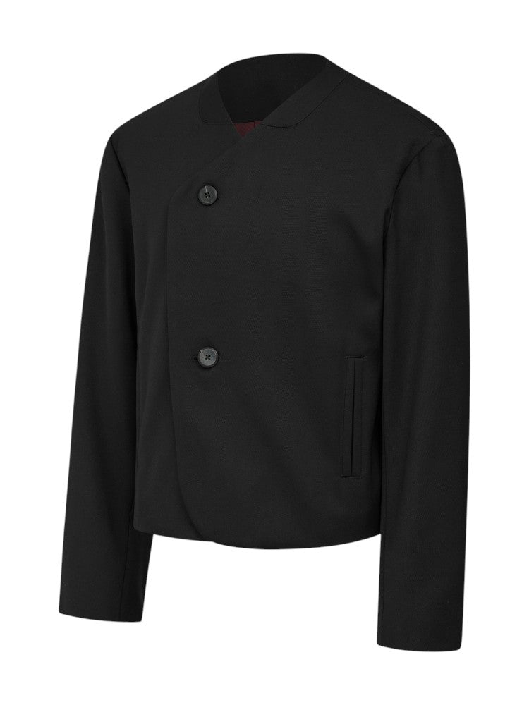 Crimson Chessboard Collarless Wool Suit Jacket