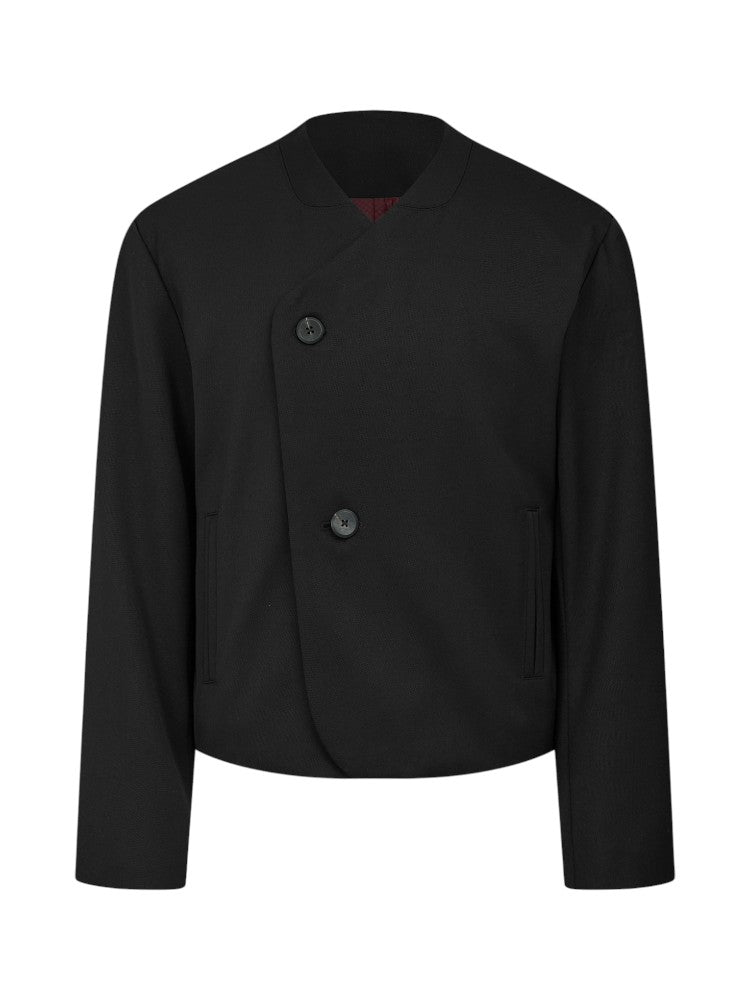 Crimson Chessboard Collarless Wool Suit Jacket