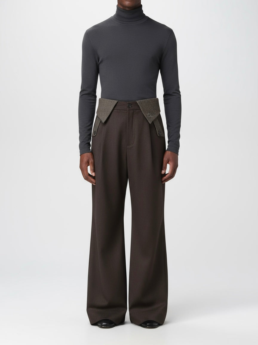 "Double Waist Houndstooth" Wool Blend Spliced Long Pants
