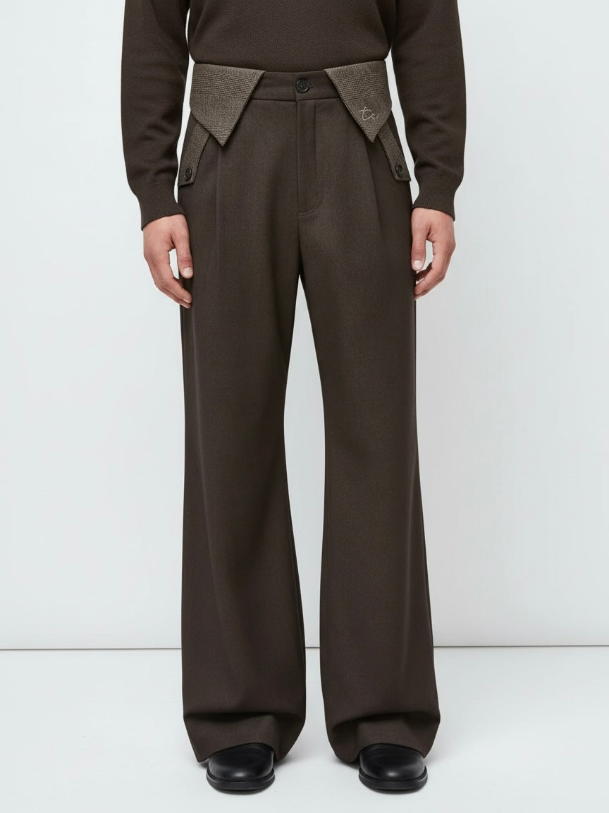 "Double Waist Houndstooth" Wool Blend Spliced Long Pants