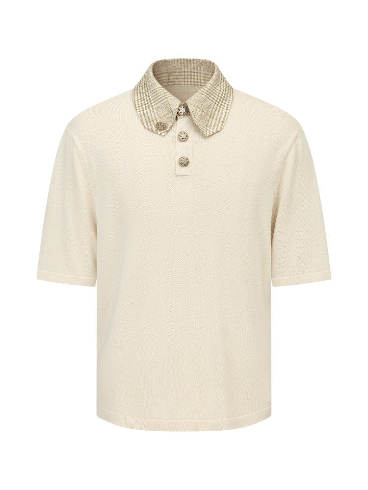 Houndstooth Knit Short-Sleeve Polo Shirt