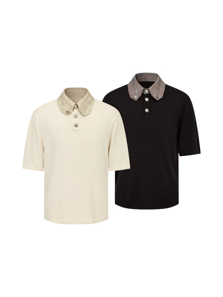 Houndstooth Knit Short-Sleeve Polo Shirt