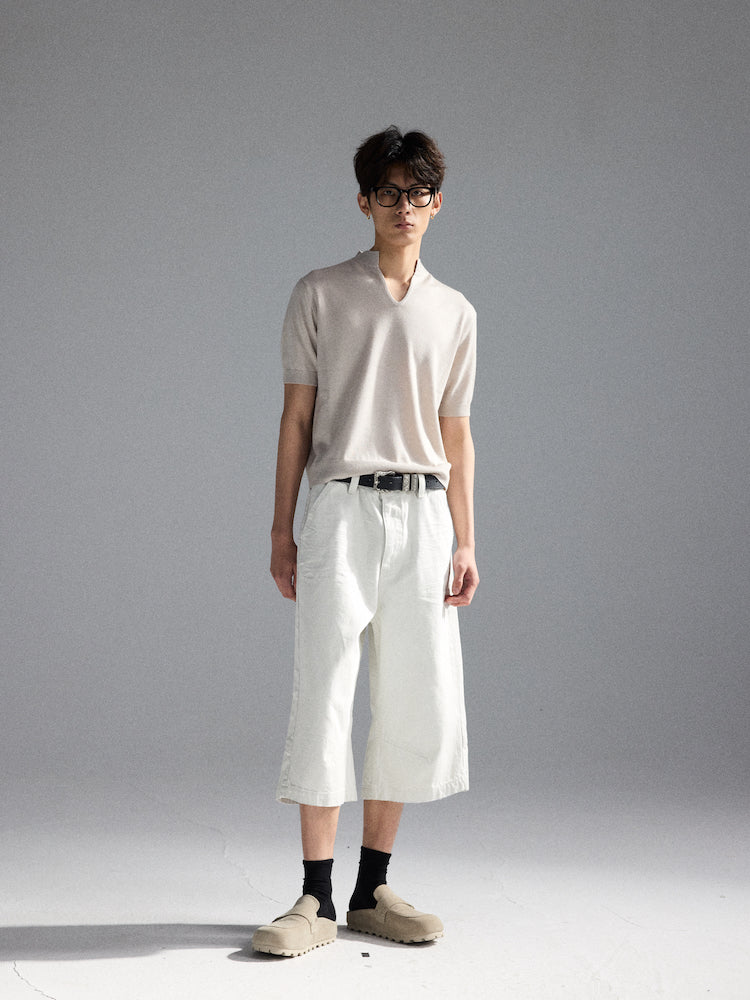 Wool V-Neck Polo Short-Sleeve Sweater T-Shirt