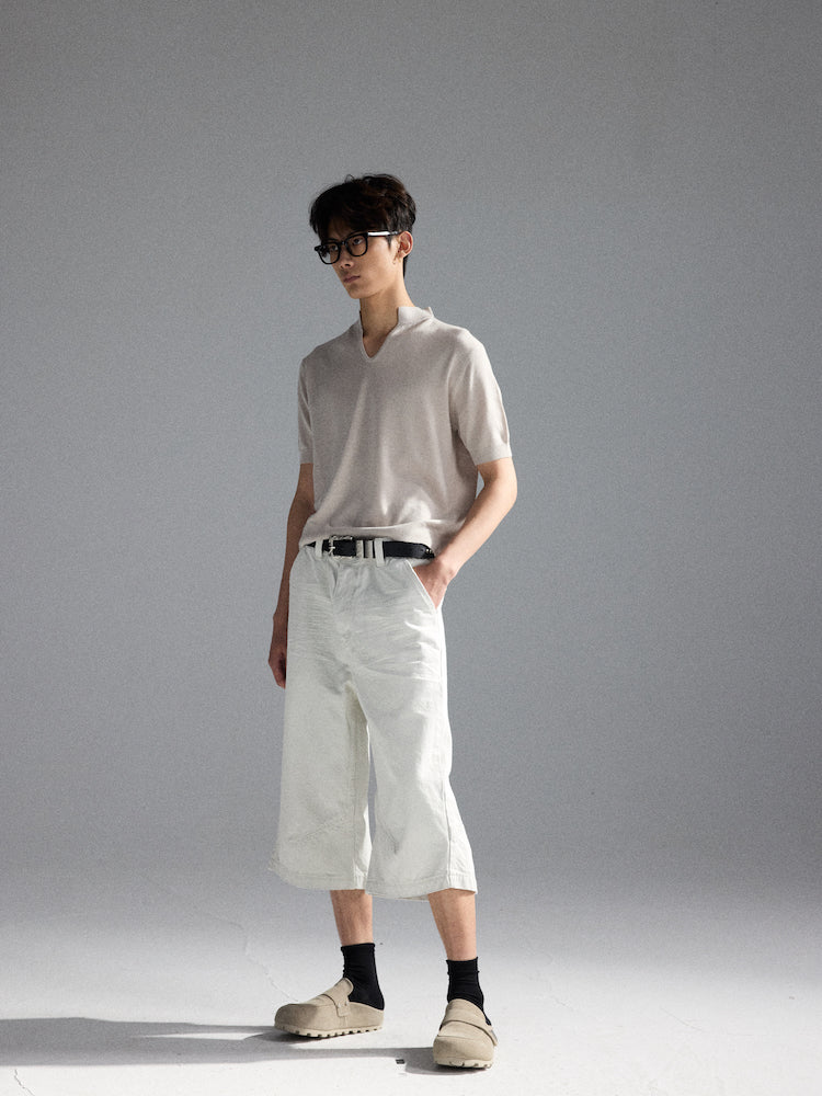 Wool V-Neck Polo Short-Sleeve Sweater T-Shirt