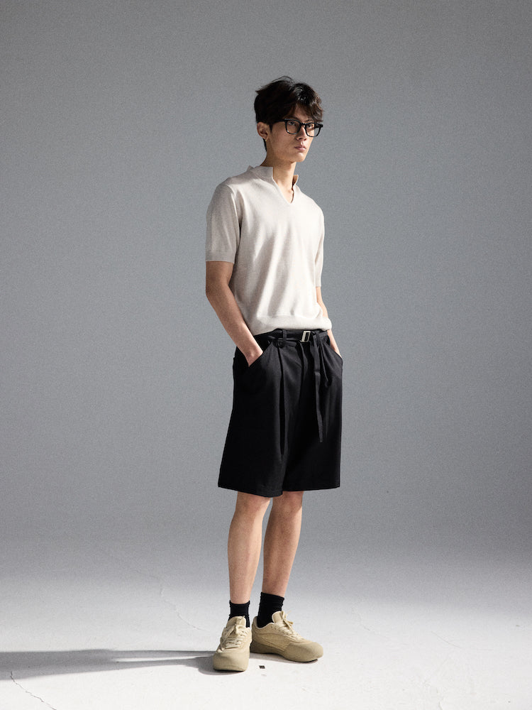 Wool V-Neck Polo Short-Sleeve Sweater T-Shirt