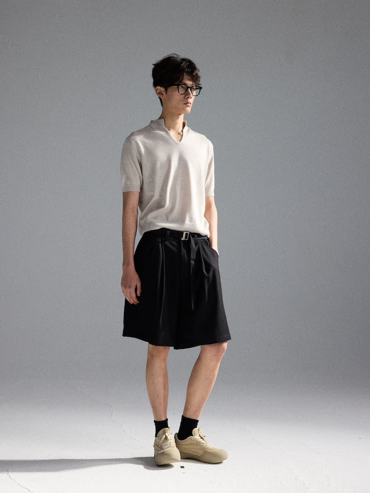 Wool V-Neck Polo Short-Sleeve Sweater T-Shirt