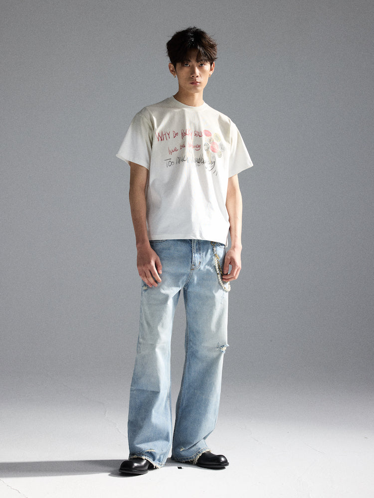 "Slogan Bottle Cap" Distressed Short-Sleeve Tee