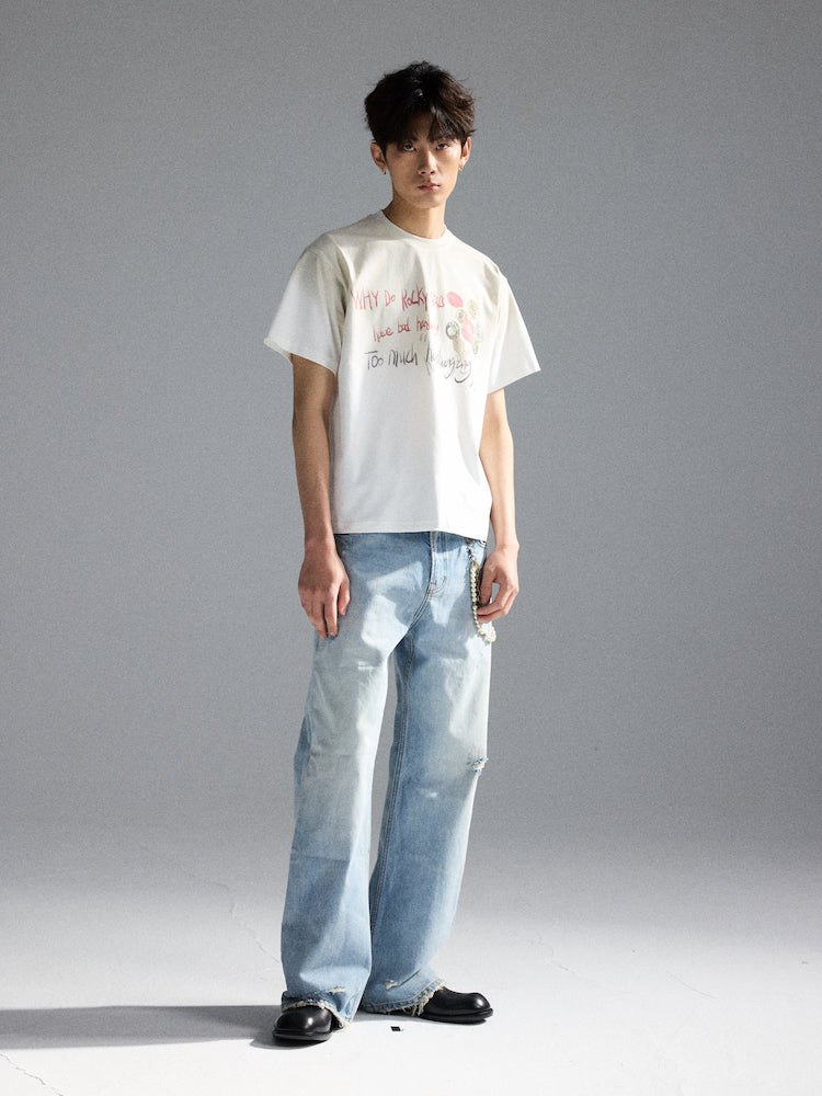 "Slogan Bottle Cap" Distressed Short-Sleeve Tee