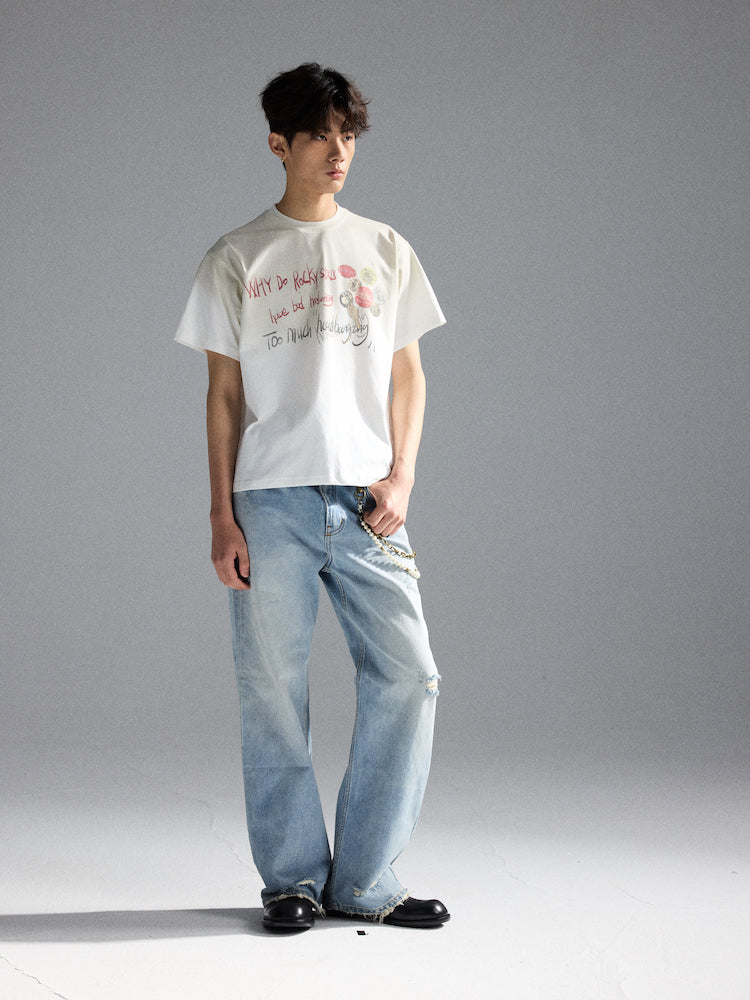 "Slogan Bottle Cap" Distressed Short-Sleeve Tee