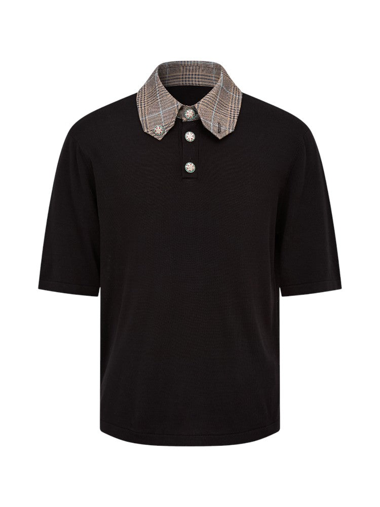Houndstooth Knit Short-Sleeve Polo Shirt