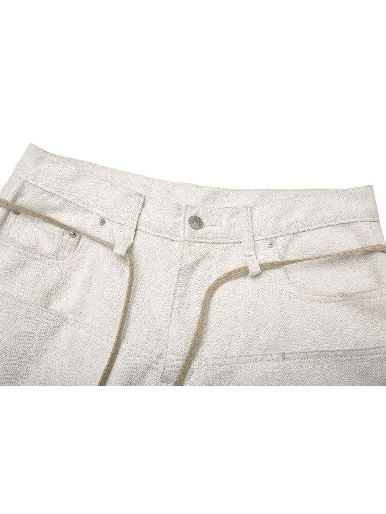 Milk White Drawstring Cleanfit Straight Cropped Jeans