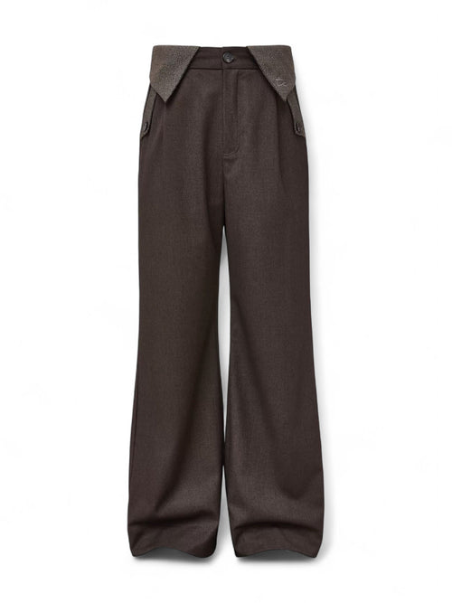 "Double Waist Houndstooth" Wool Blend Spliced Long Trousers