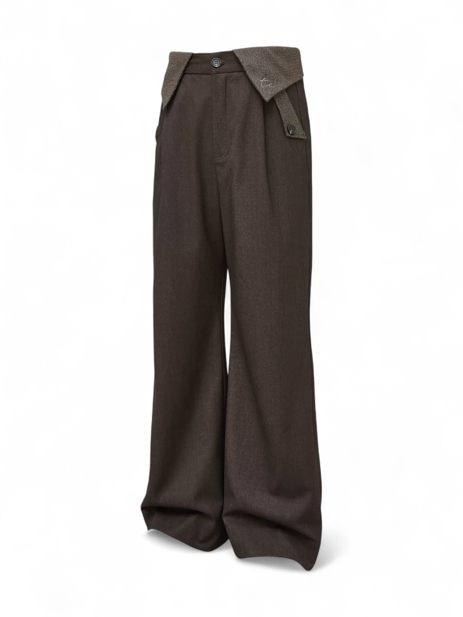 "Double Waist Houndstooth" Wool Blend Spliced Long Trousers