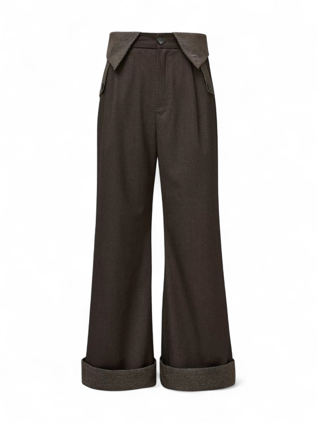"Double Waist Houndstooth" Wool Blend Spliced Long Trousers