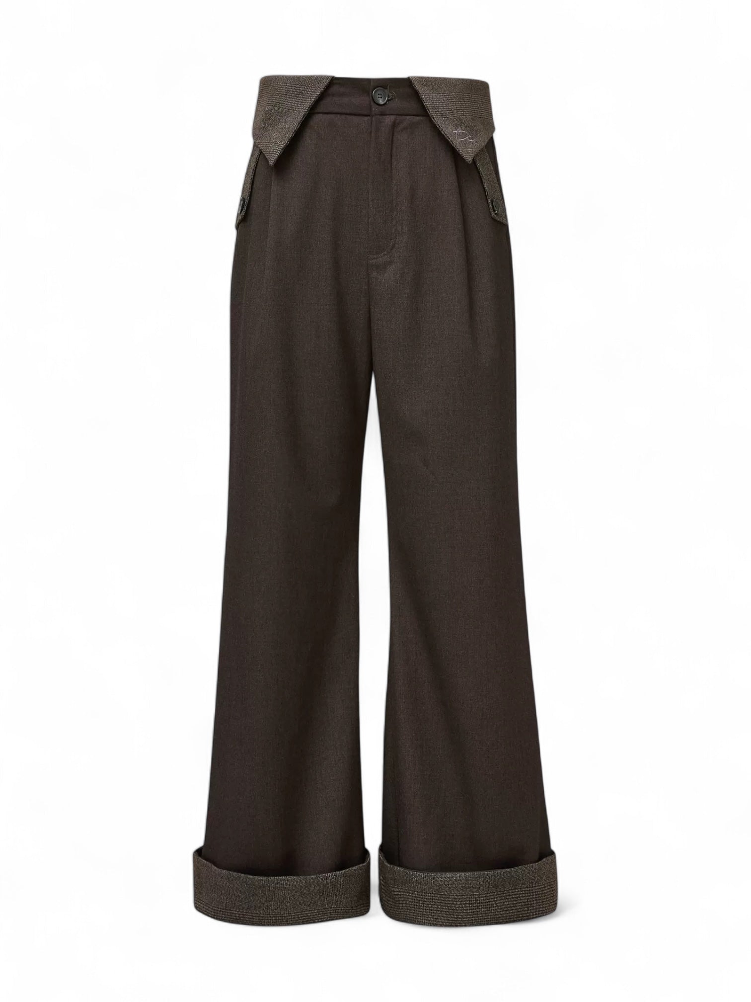 "Double Waist Houndstooth" Wool Blend Spliced Long Trousers