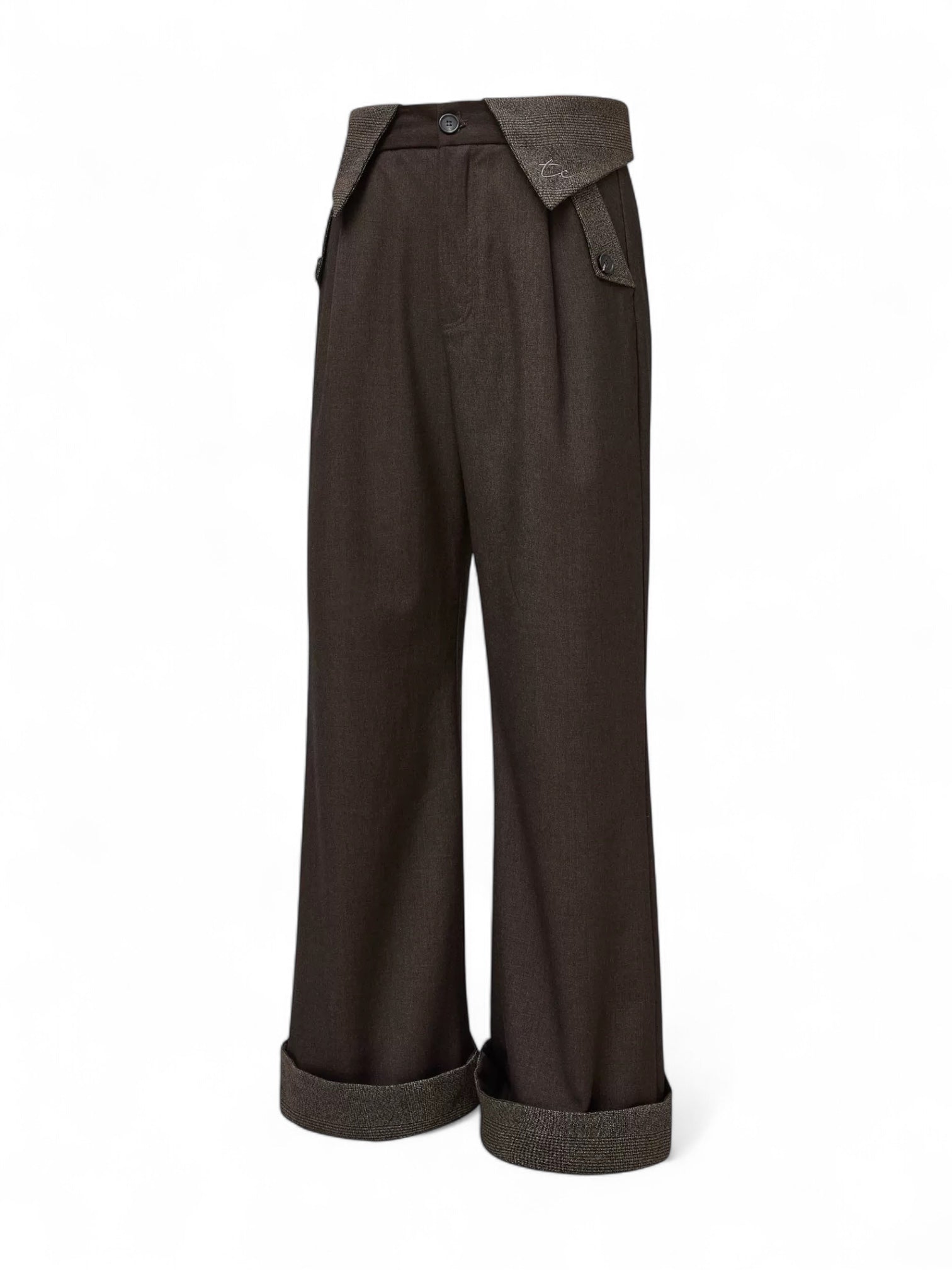 "Double Waist Houndstooth" Wool Blend Spliced Long Trousers