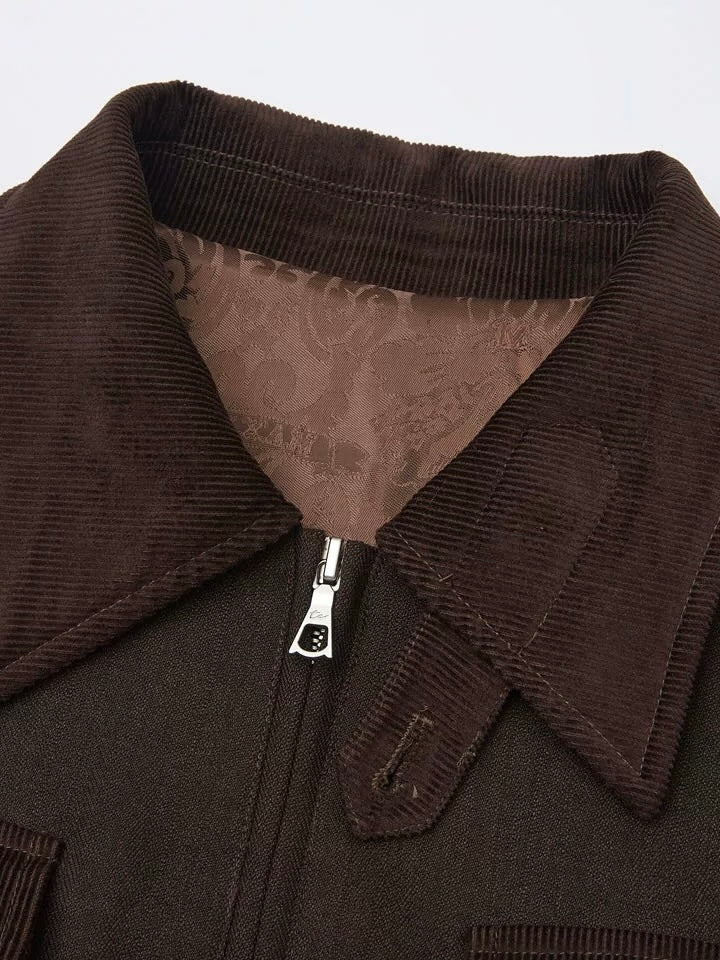 "Suede Spliced" Deep Coffee Corduroy-Paneled Suit Jacket